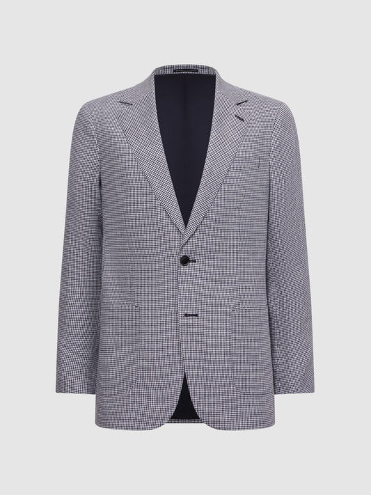 Reiss Suits &amp; Tailoring | Squad Linen Single Breasted Dogtooth Blazer Navy - Men
