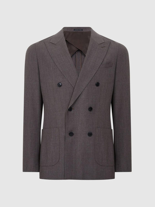 Reiss Suits &amp; Tailoring | Trip Double Breasted Slim Fit Textured Blazer Mocha - Men