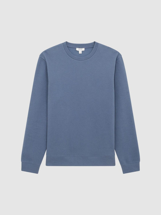 Reiss Sweats &amp; Hoodies | Barlett Long Sleeve Textured Crew Neck Jumper Airforce Blue - Men