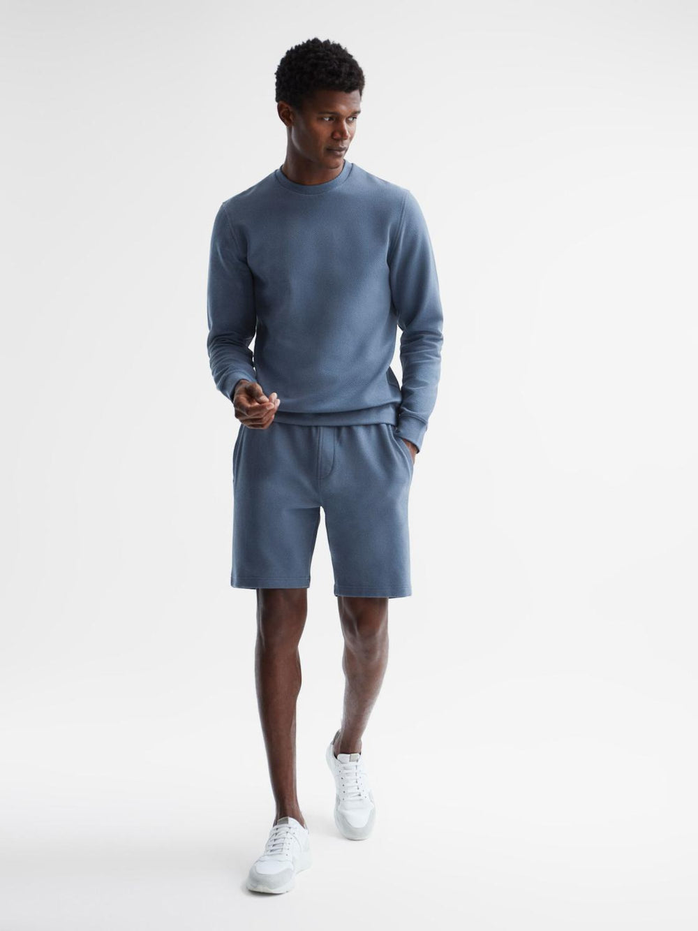 Reiss Sweats &amp; Hoodies | Barlett Long Sleeve Textured Crew Neck Jumper Airforce Blue - Men
