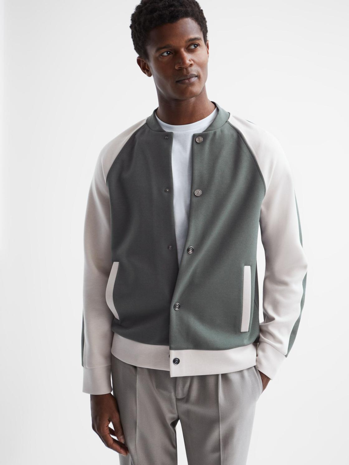 Reiss Sweats &amp; Hoodies | Giles Long Sleeve Interlock Bomber Jacket Light Khaki/ecru - Men