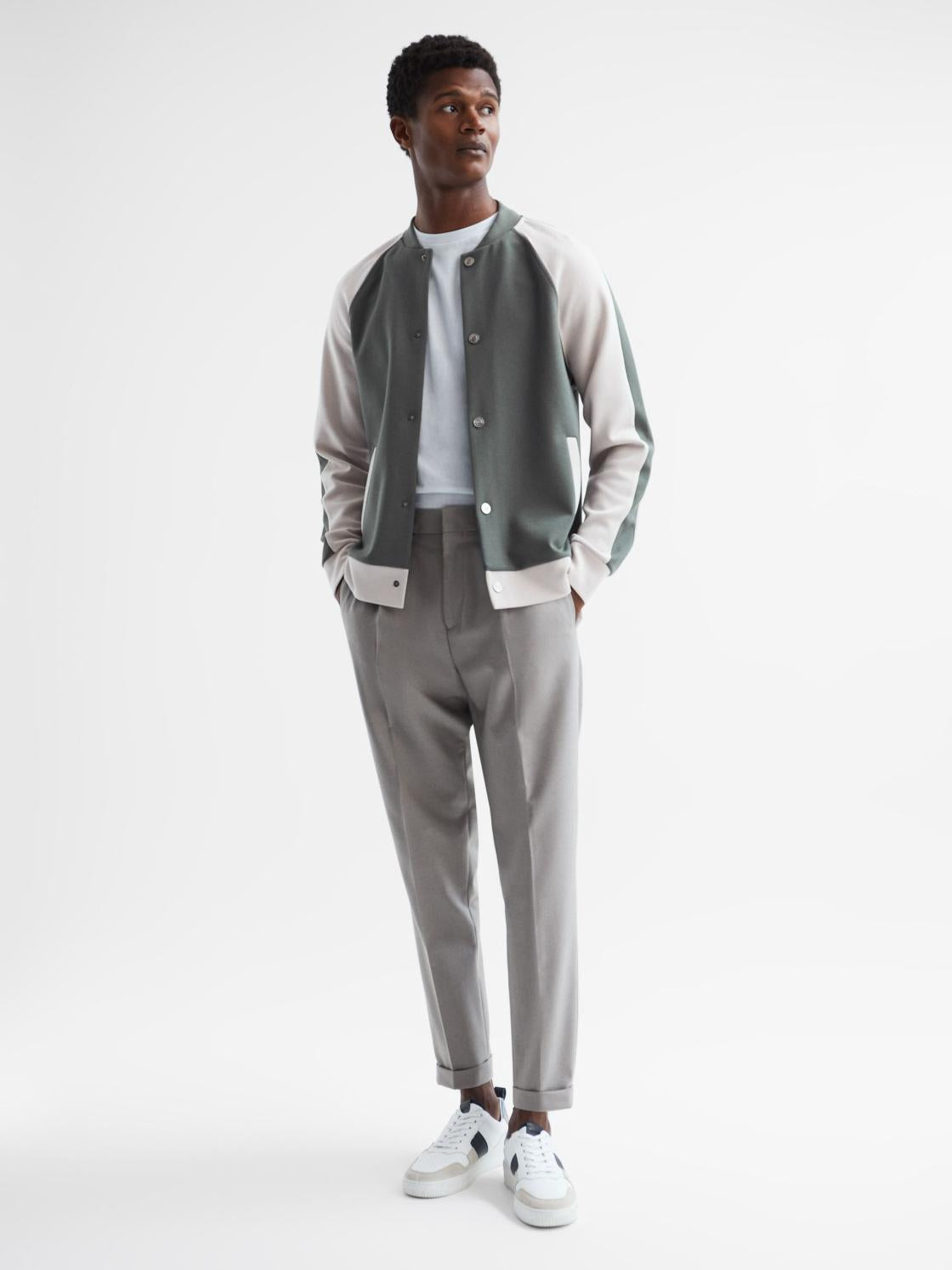 Reiss Sweats &amp; Hoodies | Giles Long Sleeve Interlock Bomber Jacket Light Khaki/ecru - Men