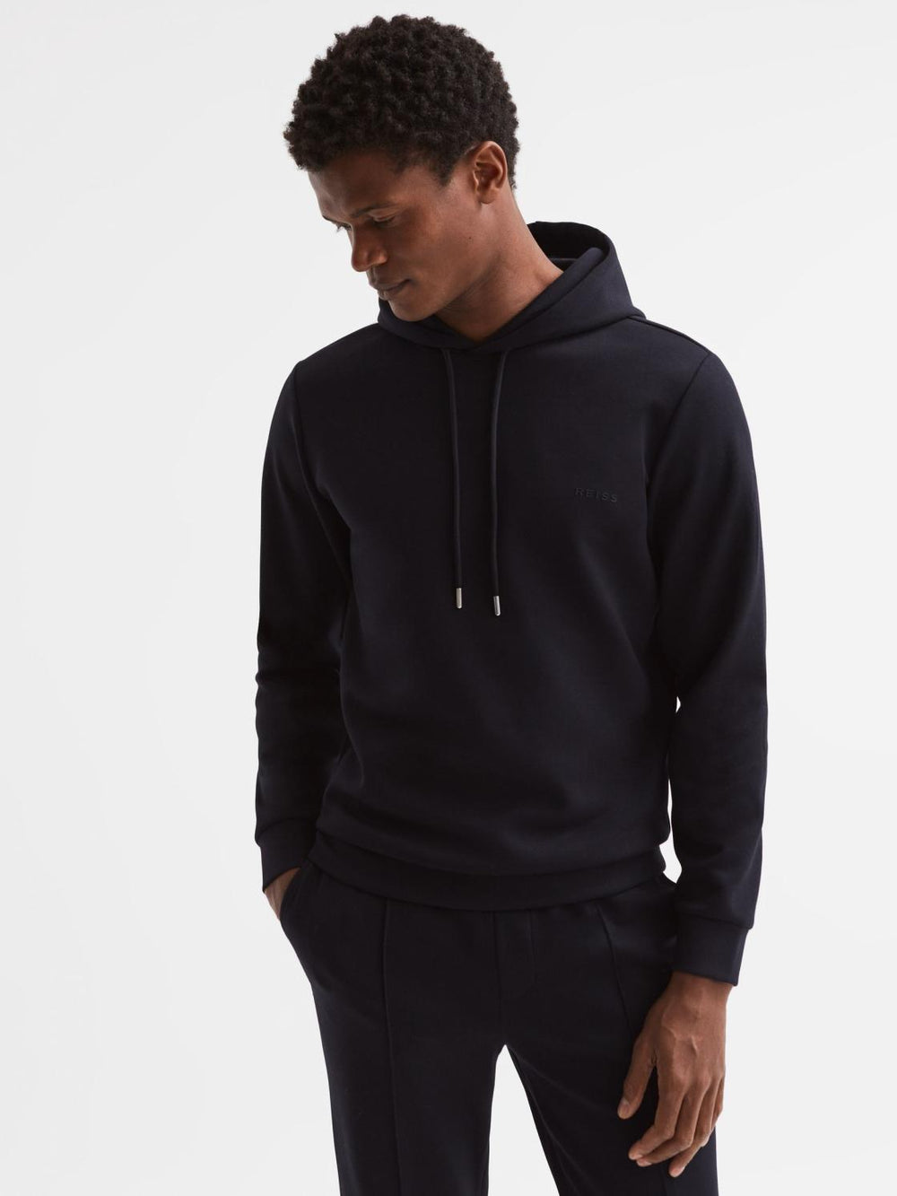 Reiss Sweats &amp; Hoodies | James Slim Fit Interlock Drawstring Hoodie Navy - Men