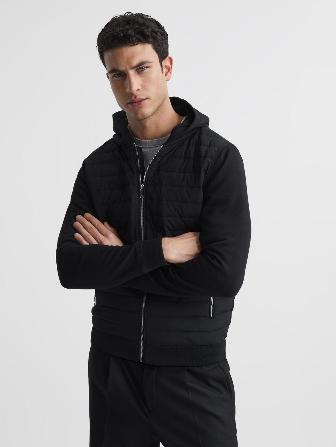 Reiss Sweats &amp; Hoodies | Taylor Hybrid Zip Quilted Hooded Jacket Black - Men