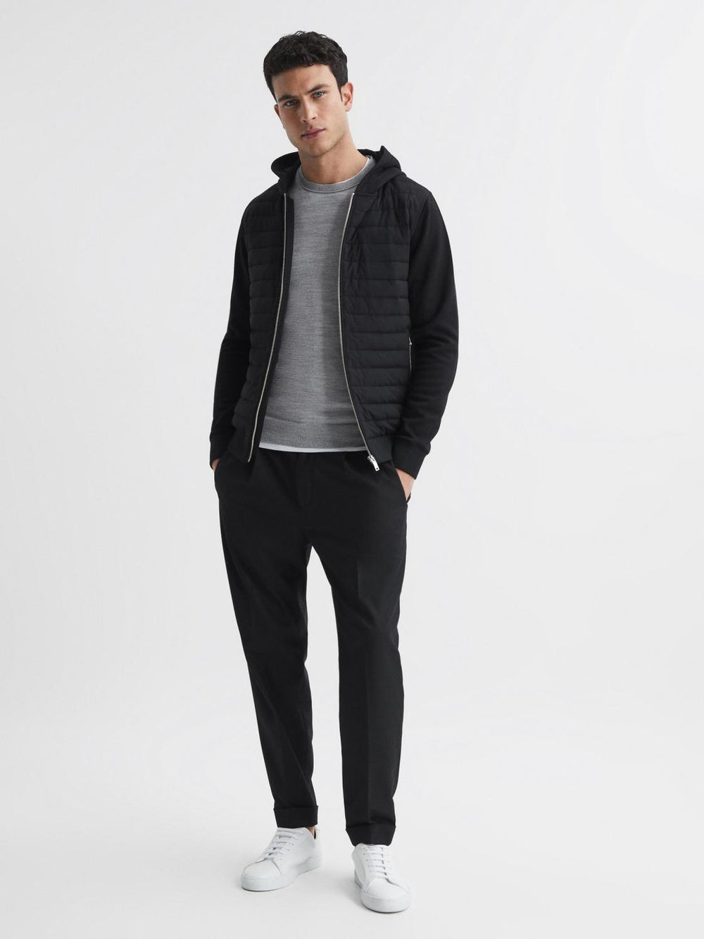Reiss Sweats &amp; Hoodies | Taylor Hybrid Zip Quilted Hooded Jacket Black - Men