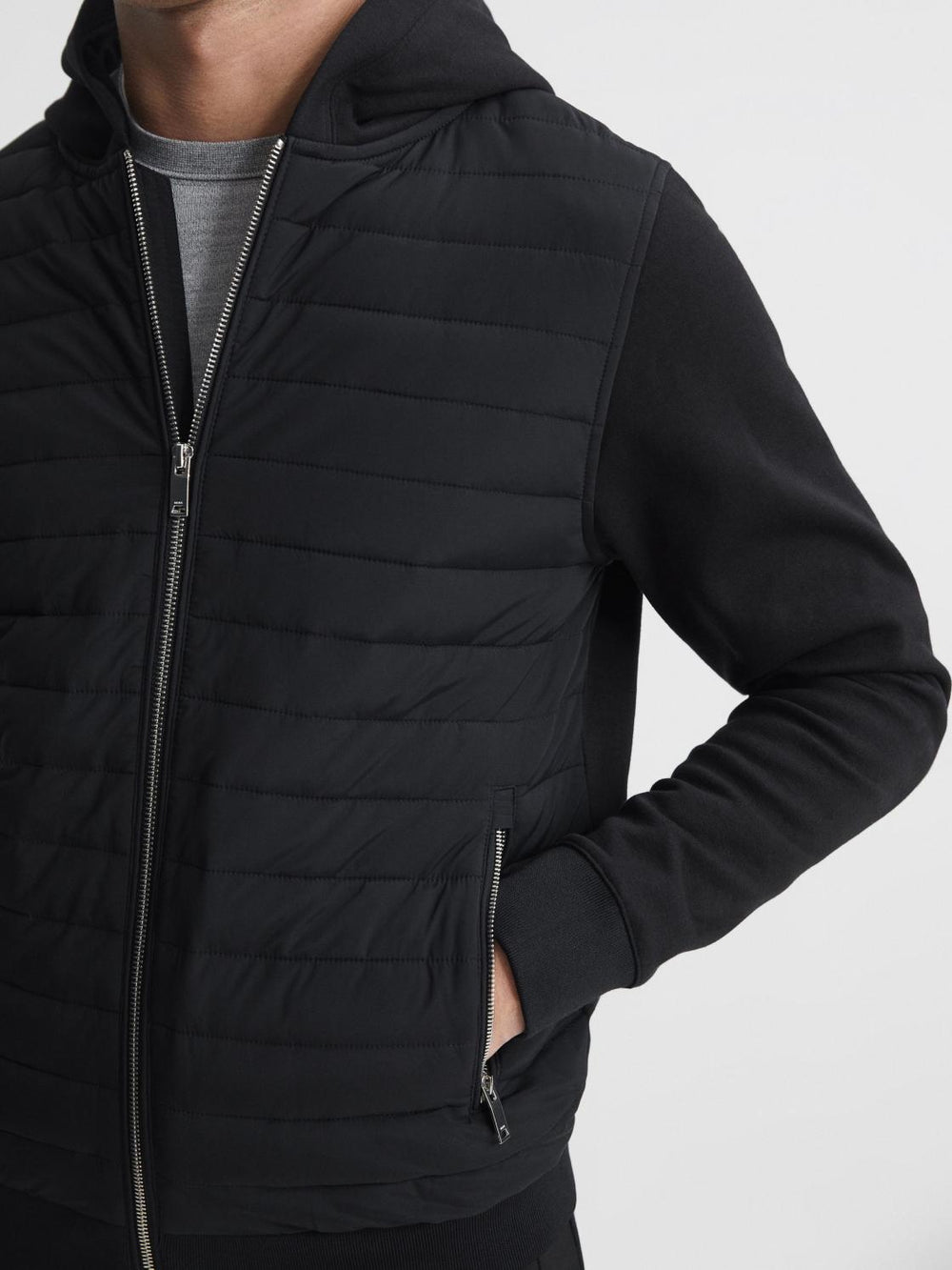 Reiss Sweats &amp; Hoodies | Taylor Hybrid Zip Quilted Hooded Jacket Black - Men