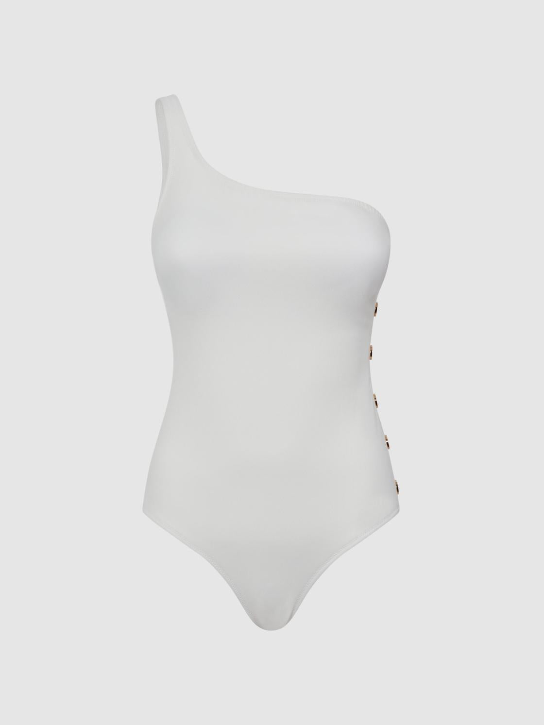 Reiss Swimwear | Bethany Asymmetric Swimsuit With Button Detail White - Women