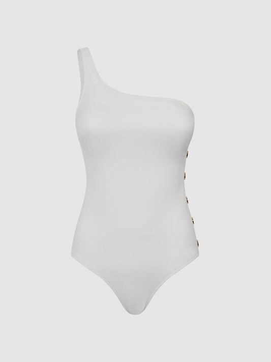 Reiss Swimwear | Bethany Asymmetric Swimsuit With Button Detail White - Women