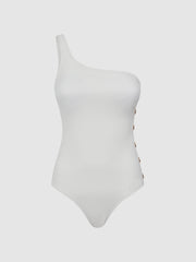 Reiss Swimwear | Bethany Asymmetric Swimsuit With Button Detail White - Women