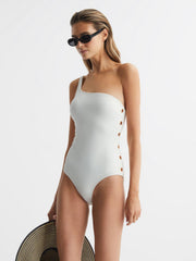 Reiss Swimwear | Bethany Asymmetric Swimsuit With Button Detail White - Women