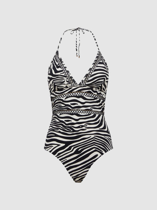 Reiss Swimwear | Gia Halter Neck Zebra Print Swimsuit Black/white - Women