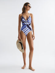 Reiss Swimwear | Gia Halterneck Printed Swimsuit Blue Print - Women