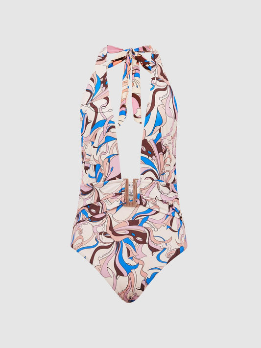 Reiss Swimwear | Isabel Print Plunge Neck Abstract Print Swimsuit Multi - Women