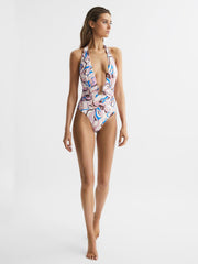 Reiss Swimwear | Isabel Print Plunge Neck Abstract Print Swimsuit Multi - Women