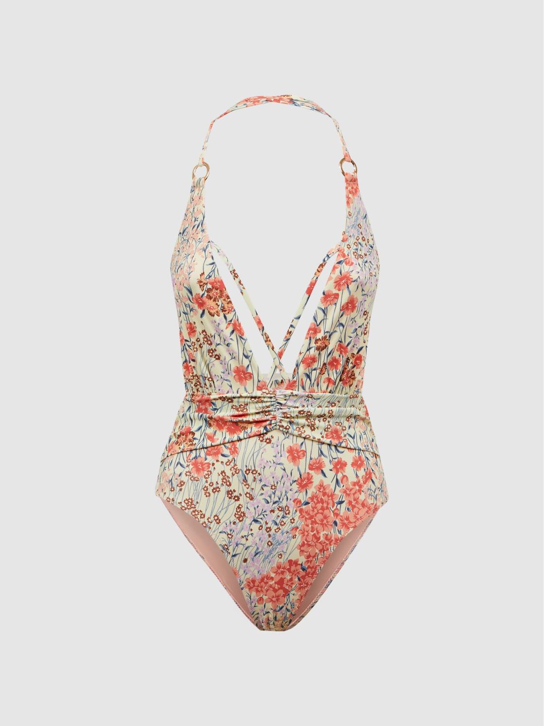 Reiss Swimwear | Isla Floral Print Plunge Neck Swimsuit Pink Print - Women