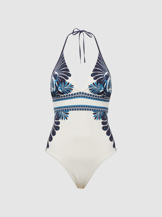Reiss Swimwear | Monica Printed Halter Neck Swimsuit White Print - Women