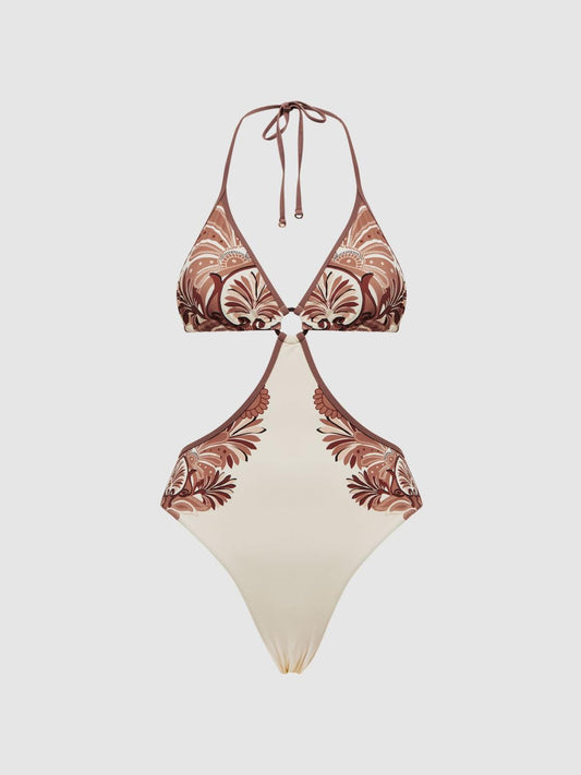 Reiss Swimwear | Natalie Printed Cut-Out Halter Neck Swimsuit Tan - Women