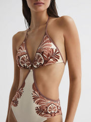 Reiss Swimwear | Natalie Printed Cut-Out Halter Neck Swimsuit Tan - Women
