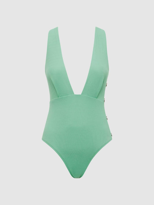 Reiss Swimwear | Orla Plunge Swimsuit With Button Detail Seafoam - Women