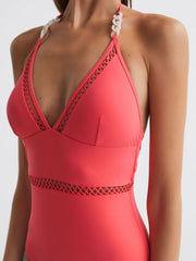 Reiss Swimwear | Ray Colourblock Halter Swimsuit Coral - Women