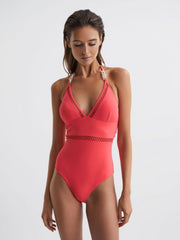 Reiss Swimwear | Ray Colourblock Halter Swimsuit Coral - Women