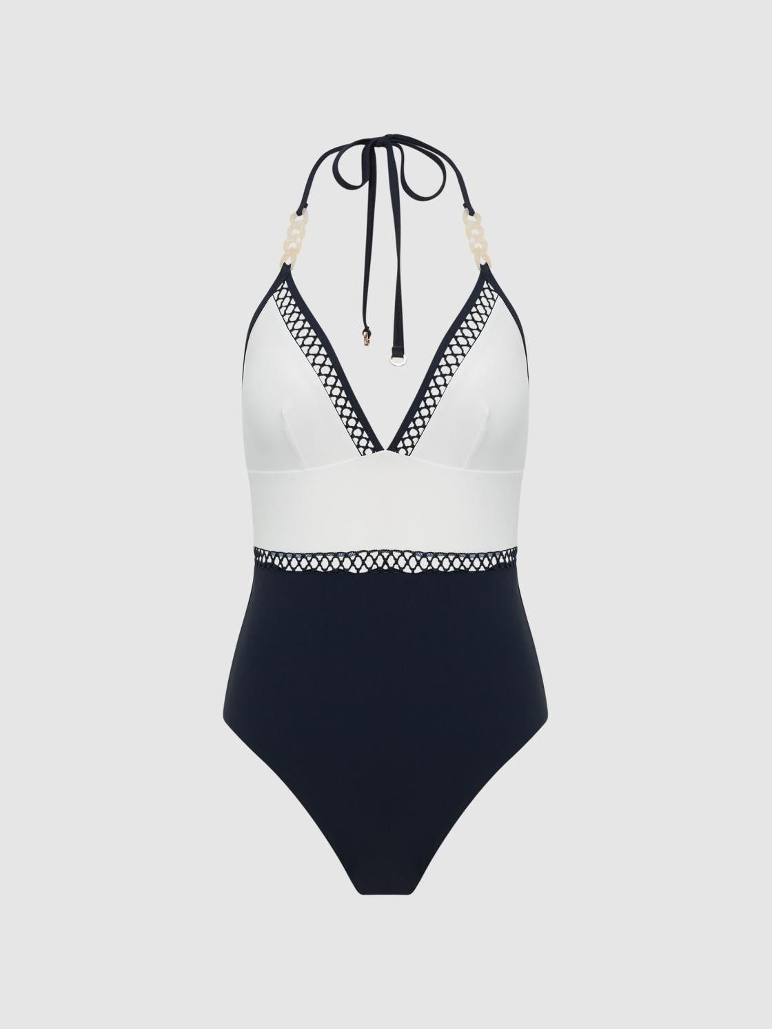 Reiss Swimwear | Ray Colourblock Halter Swimsuit Navy - Women