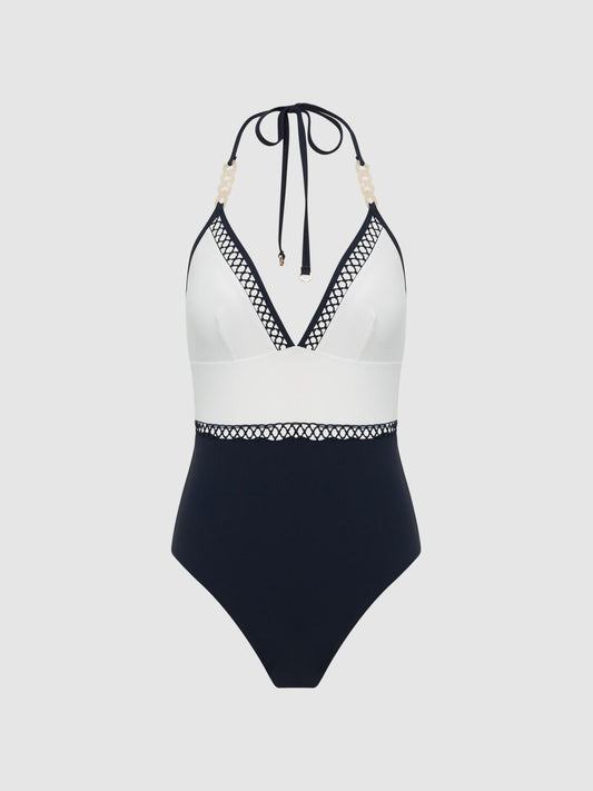 Reiss Swimwear | Ray Colourblock Halter Swimsuit Navy - Women