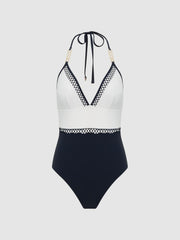 Reiss Swimwear | Ray Colourblock Halter Swimsuit Navy - Women