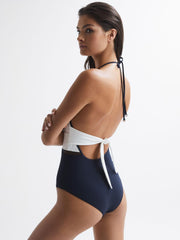 Reiss Swimwear | Ray Colourblock Halter Swimsuit Navy - Women