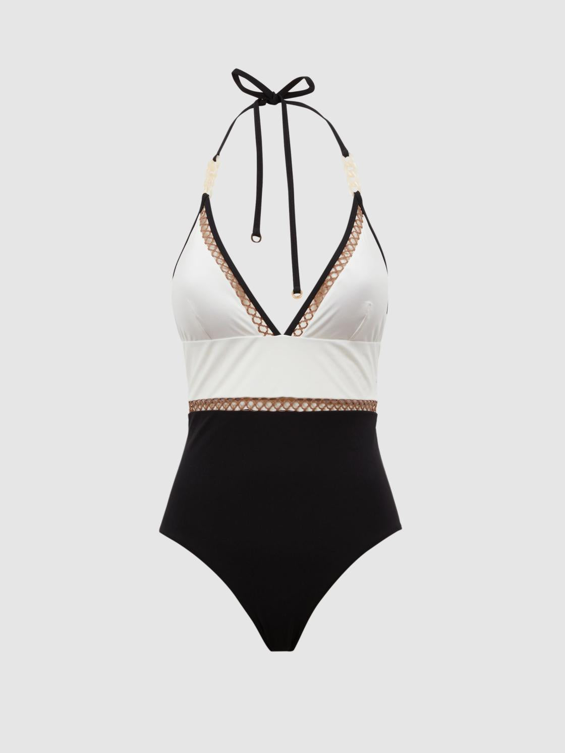 Reiss Swimwear | Ray Colourblock Halter Swimsuit White/tan - Women