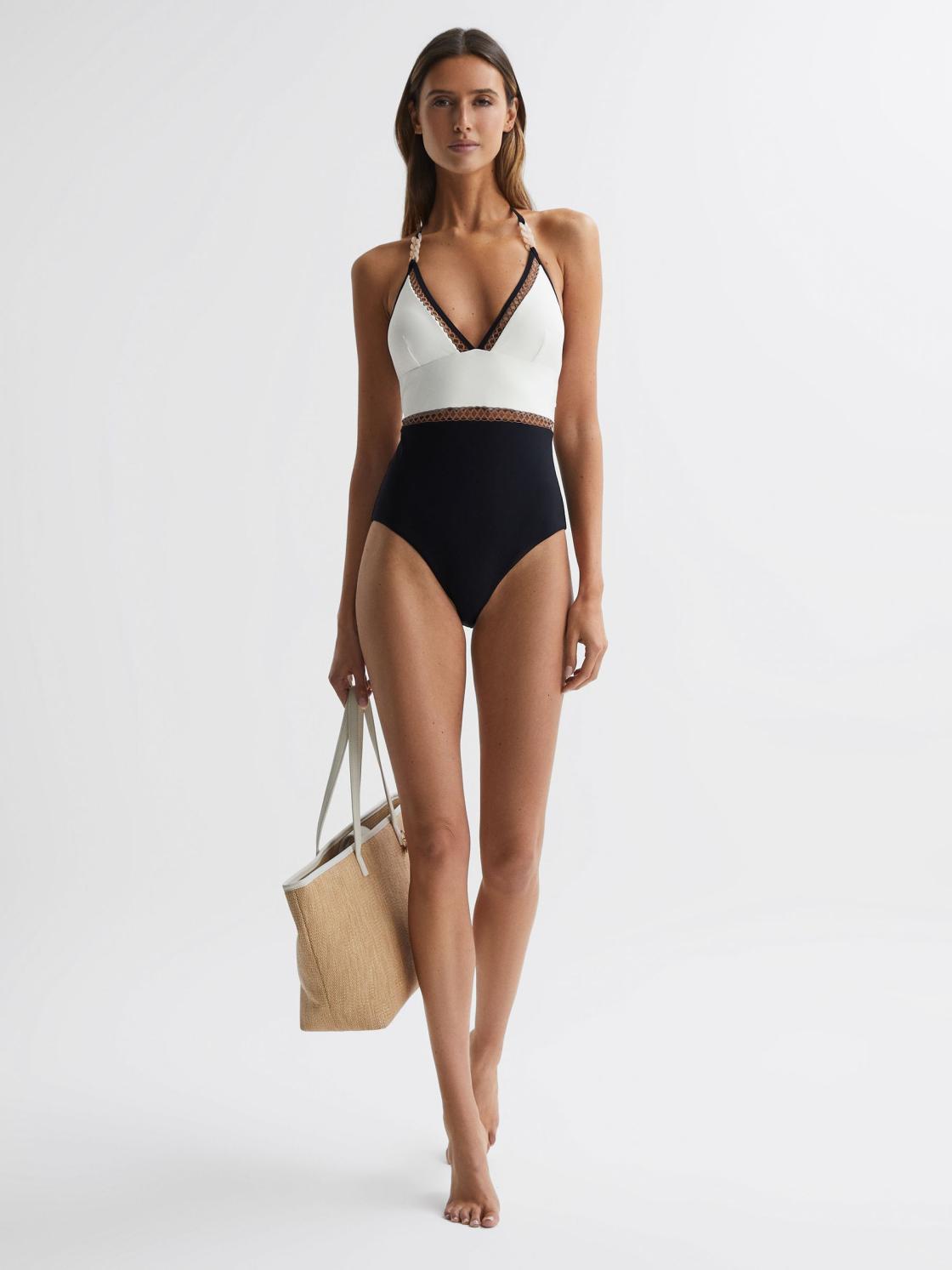 Reiss Swimwear | Ray Colourblock Halter Swimsuit White/tan - Women
