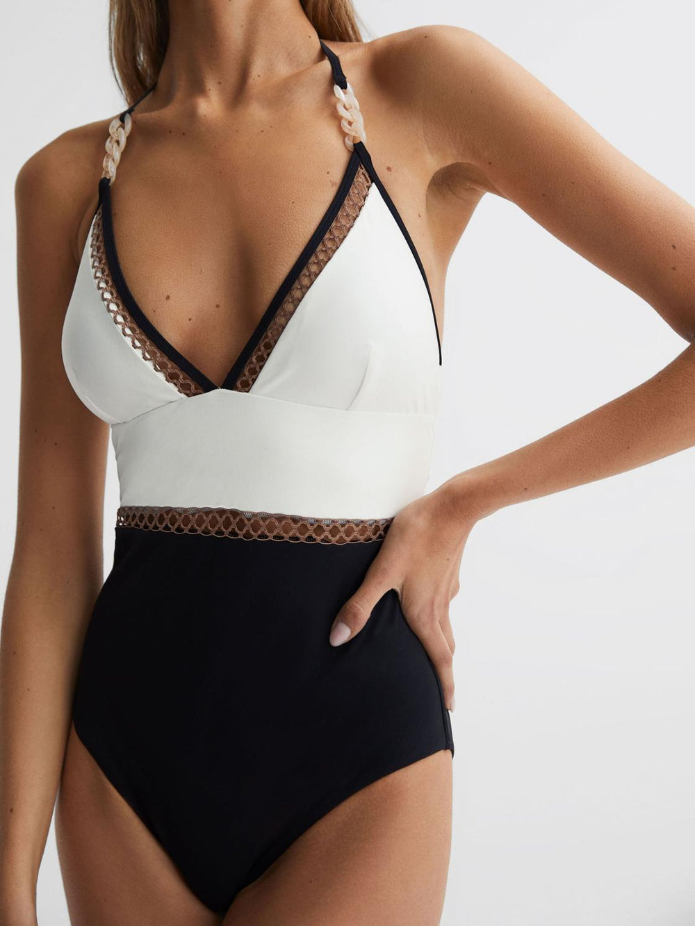 Reiss Swimwear | Ray Colourblock Halter Swimsuit White/tan - Women