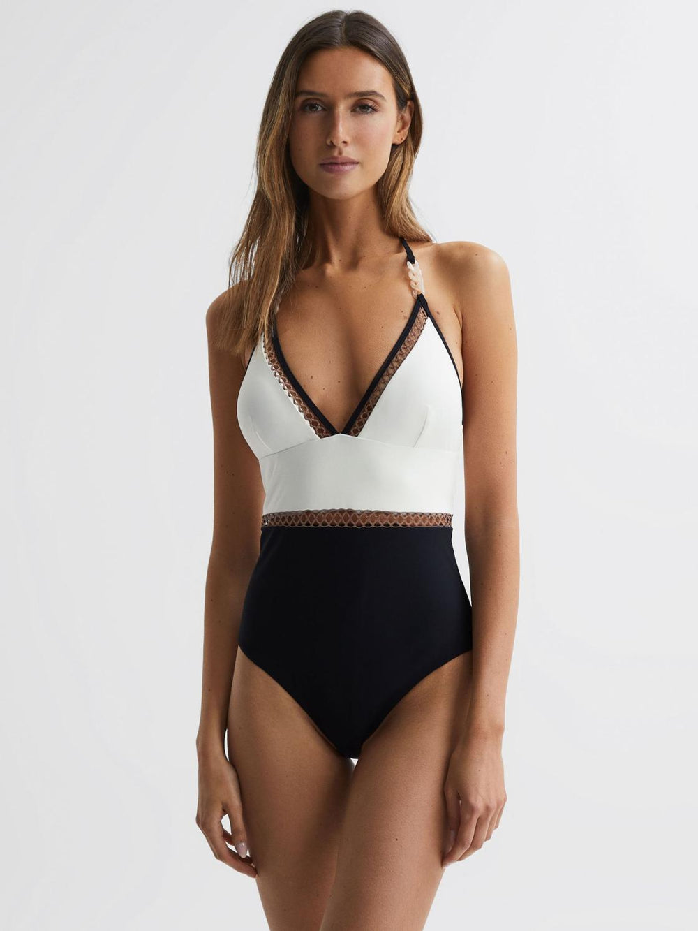 Reiss Swimwear | Ray Colourblock Halter Swimsuit White/tan - Women
