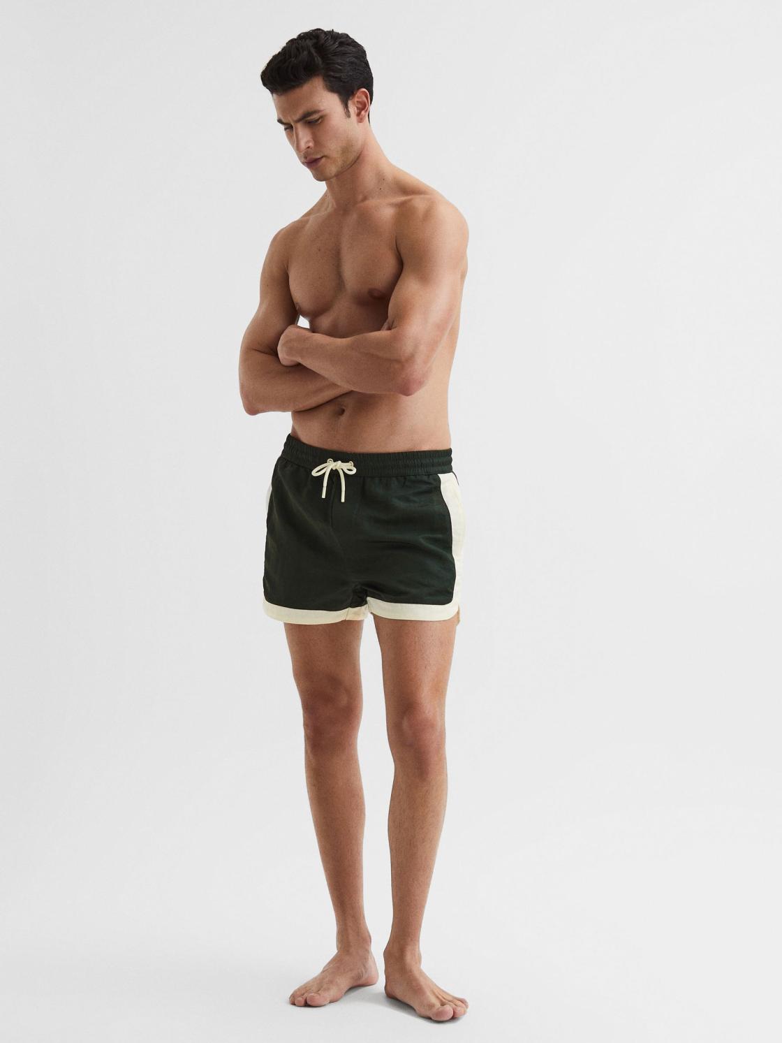 Reiss Swimwear | Surf Drawstring Contrast Swim Shorts Bottle Green/white - Men