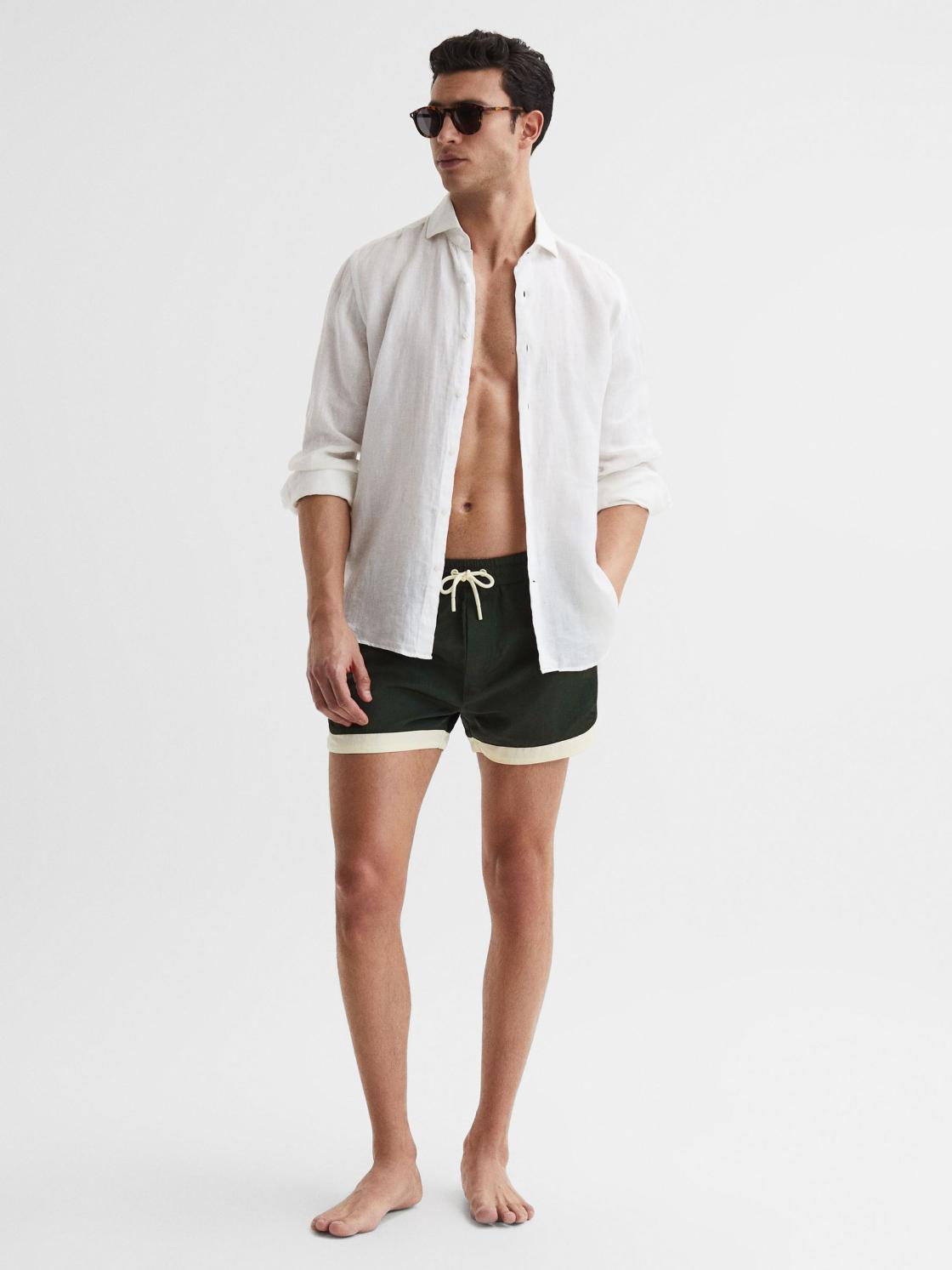 Reiss Swimwear | Surf Drawstring Contrast Swim Shorts Bottle Green/white - Men