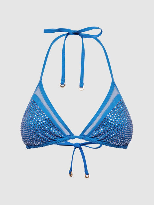 Reiss Swimwear | Tyra Embellished Halter Bikini Top Blue - Women