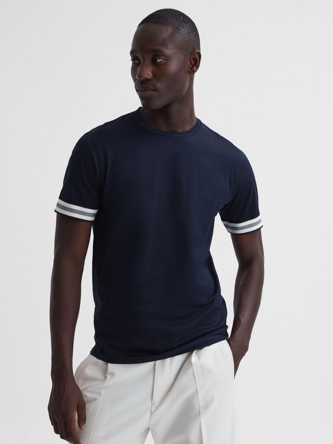 Reiss T-Shirts | Dune Mercerised Cotton Striped T-Shirt Navy - Men