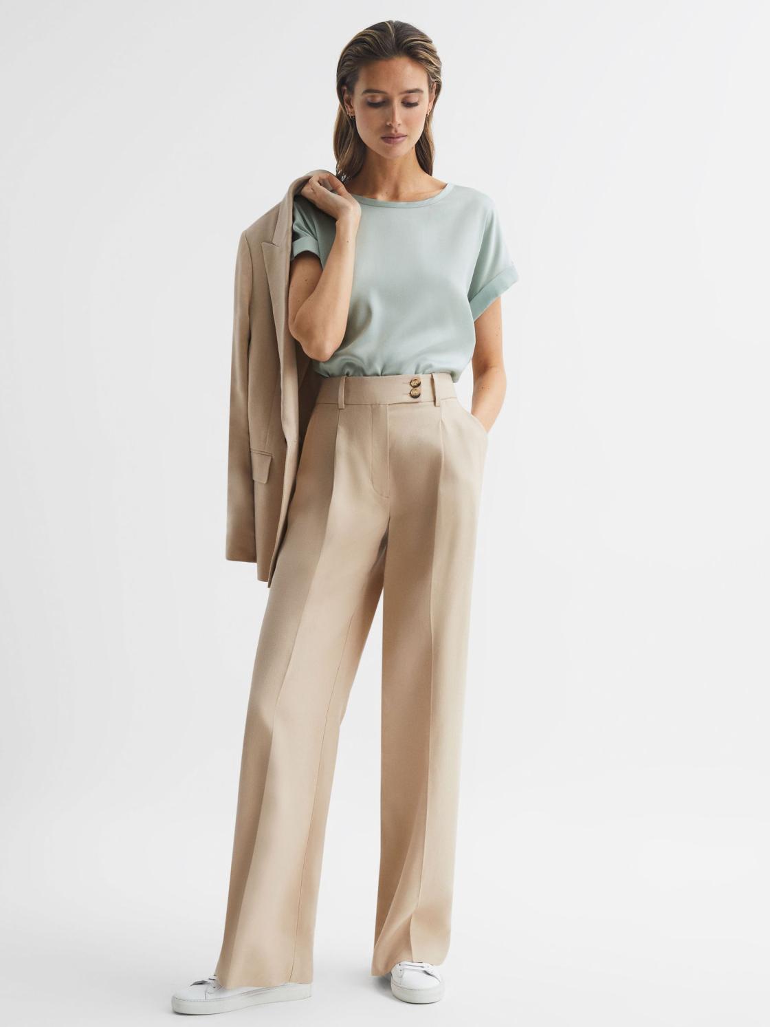 Reiss T-Shirts &amp; Vests | Helen Silk Front Crew Neck T-Shirt Mint - Women