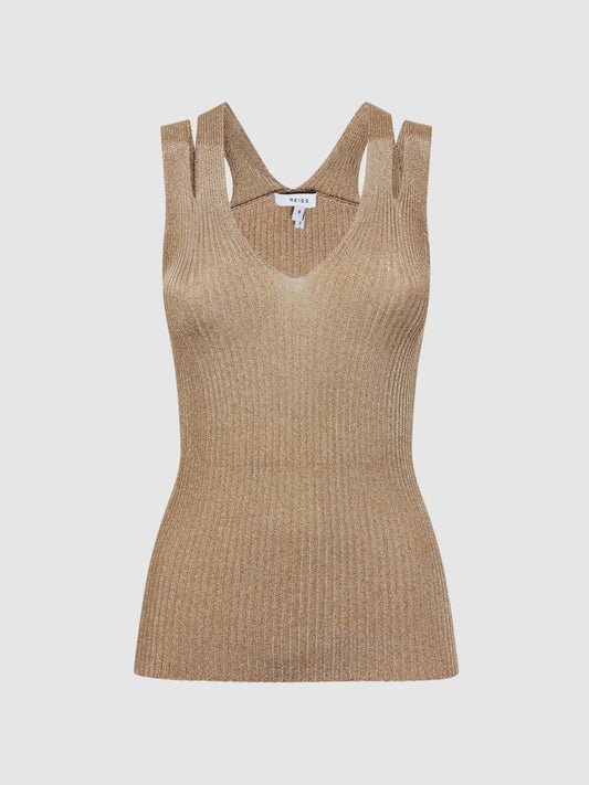 Reiss T-Shirts &amp; Vests | Zina Ribbed Double Strap Metallic Vest Gold - Women