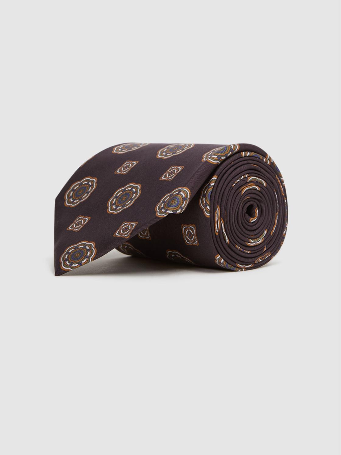 Reiss Ties &amp; Pocket Squares | Imperio Medallion Printed Silk Tie Chocolate - Men