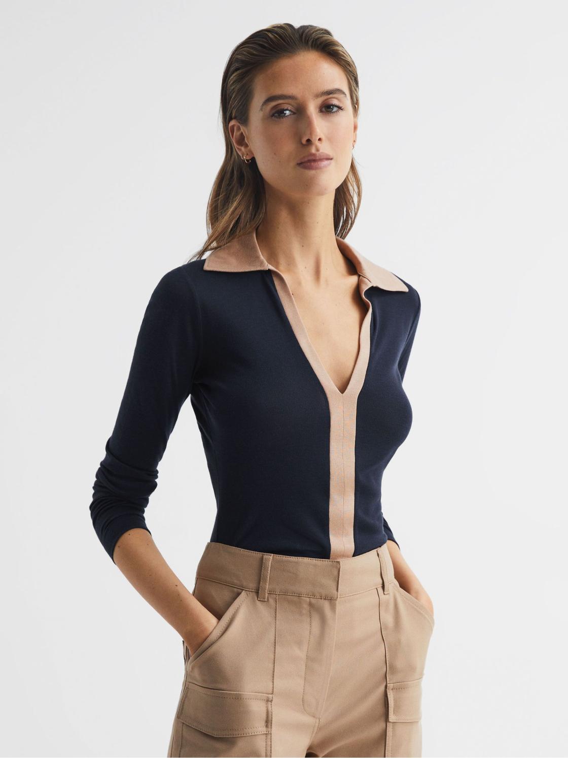 Reiss Tops | Allie Collared V-Neck Top Navy/camel - Women