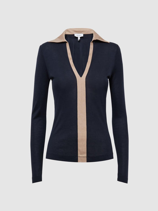 Reiss Tops | Allie Collared V-Neck Top Navy/camel - Women