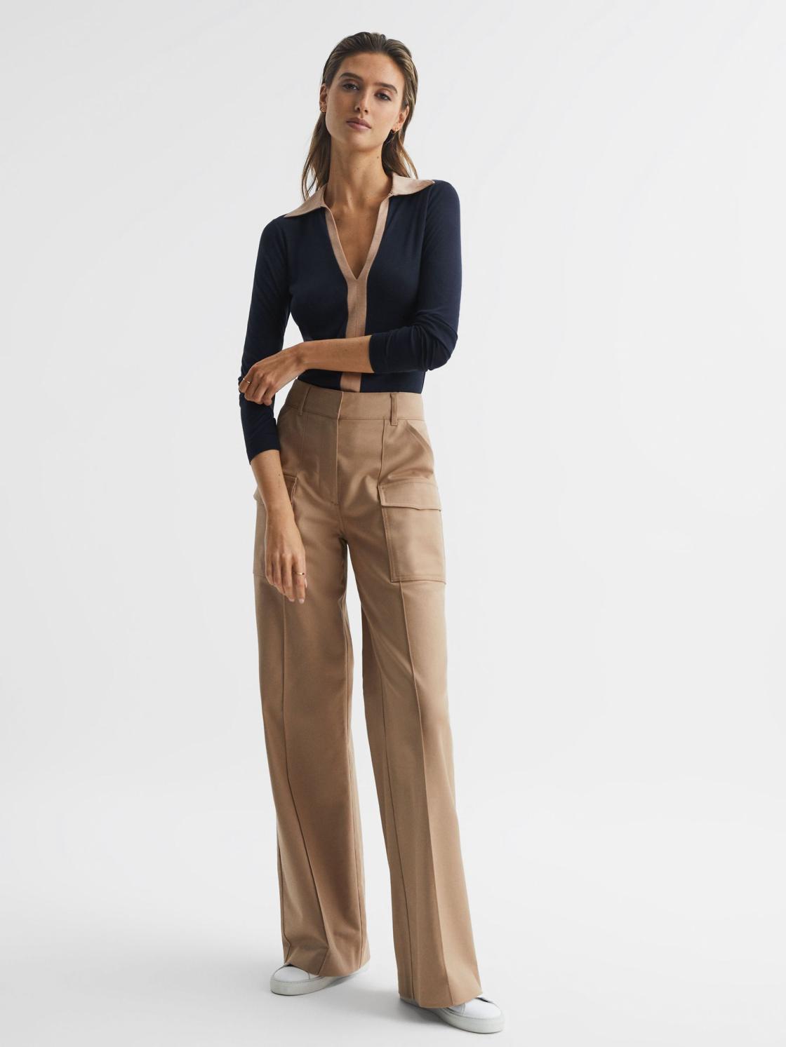 Reiss Tops | Allie Collared V-Neck Top Navy/camel - Women