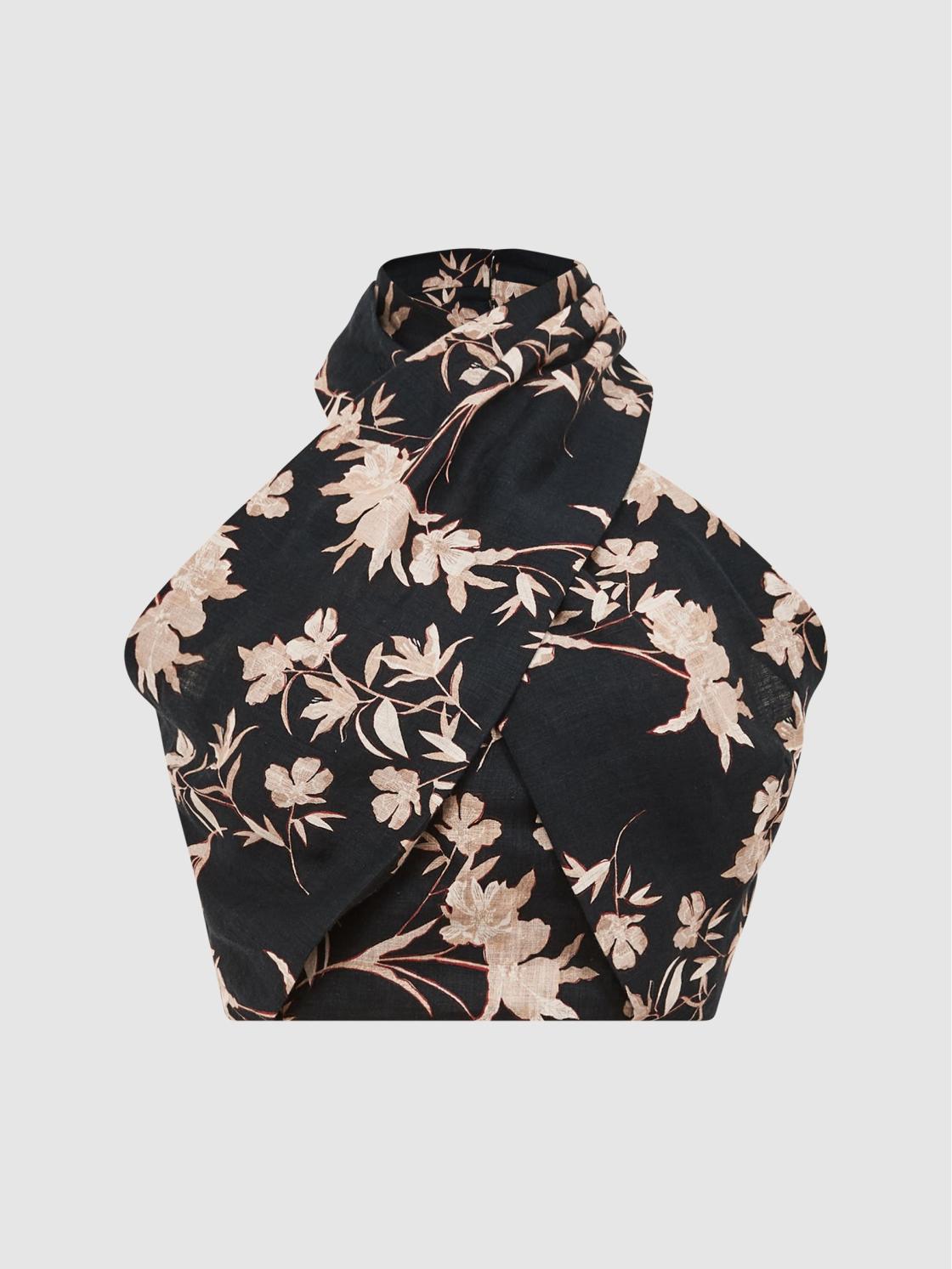 Reiss Tops | Ally Printed Halter Neck Cropped Top Black/blush - Women
