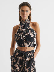 Reiss Tops | Ally Printed Halter Neck Cropped Top Black/blush - Women