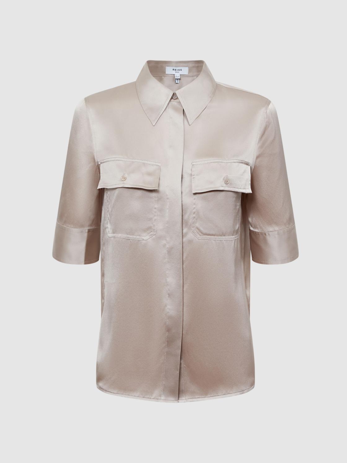Reiss Tops | Aubrey Silk Short Sleeve Button Through Shirt Champagne - Women