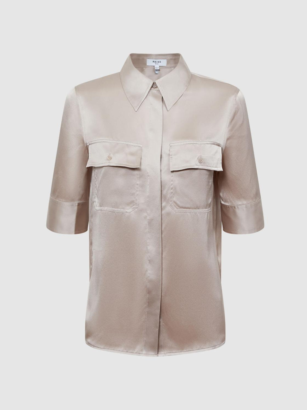 Reiss Tops | Aubrey Silk Short Sleeve Button Through Shirt Champagne - Women