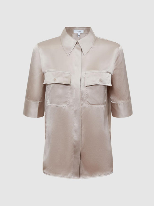 Reiss Tops | Aubrey Silk Short Sleeve Button Through Shirt Champagne - Women