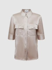 Reiss Tops | Aubrey Silk Short Sleeve Button Through Shirt Champagne - Women