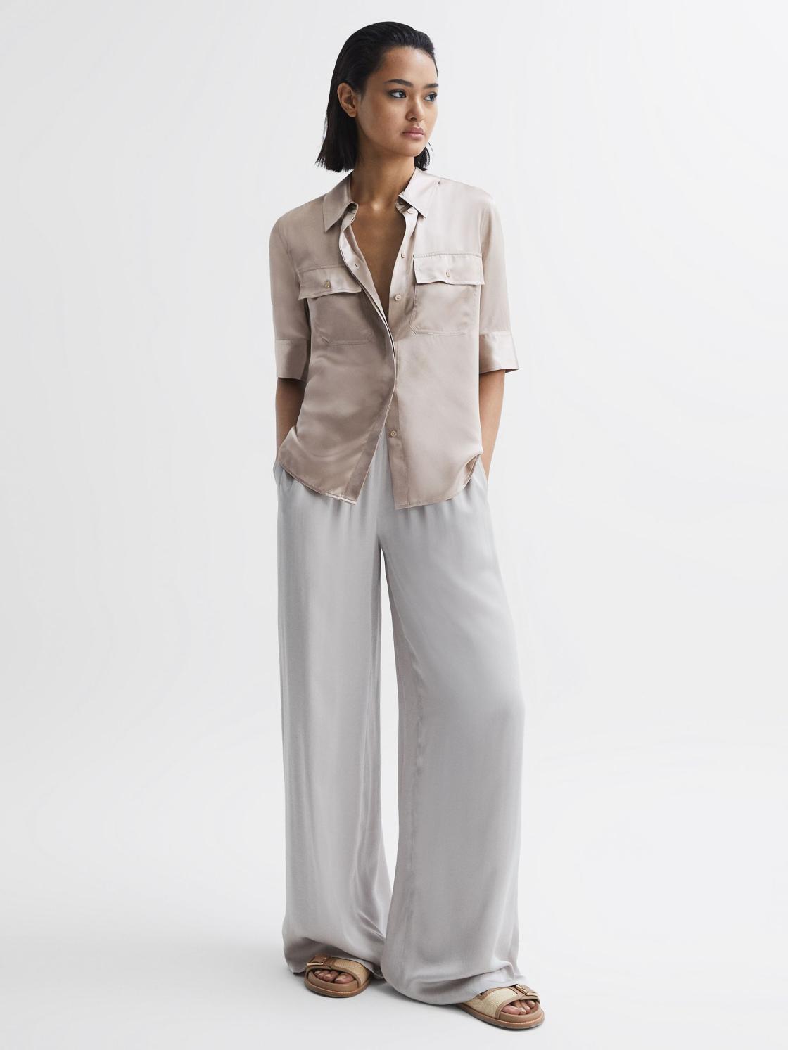 Reiss Tops | Aubrey Silk Short Sleeve Button Through Shirt Champagne - Women